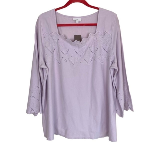 J. Jill Eyelet Trim 3/4 Bell Sleeve Square Neck Top Blouse Pale Lilac Sz XL NWT - Picture 2 of 14